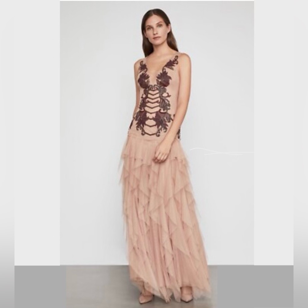 BCBGMaxAzria Blush Pink Tulle Maxi Dress with Dark Mauve Appliqué